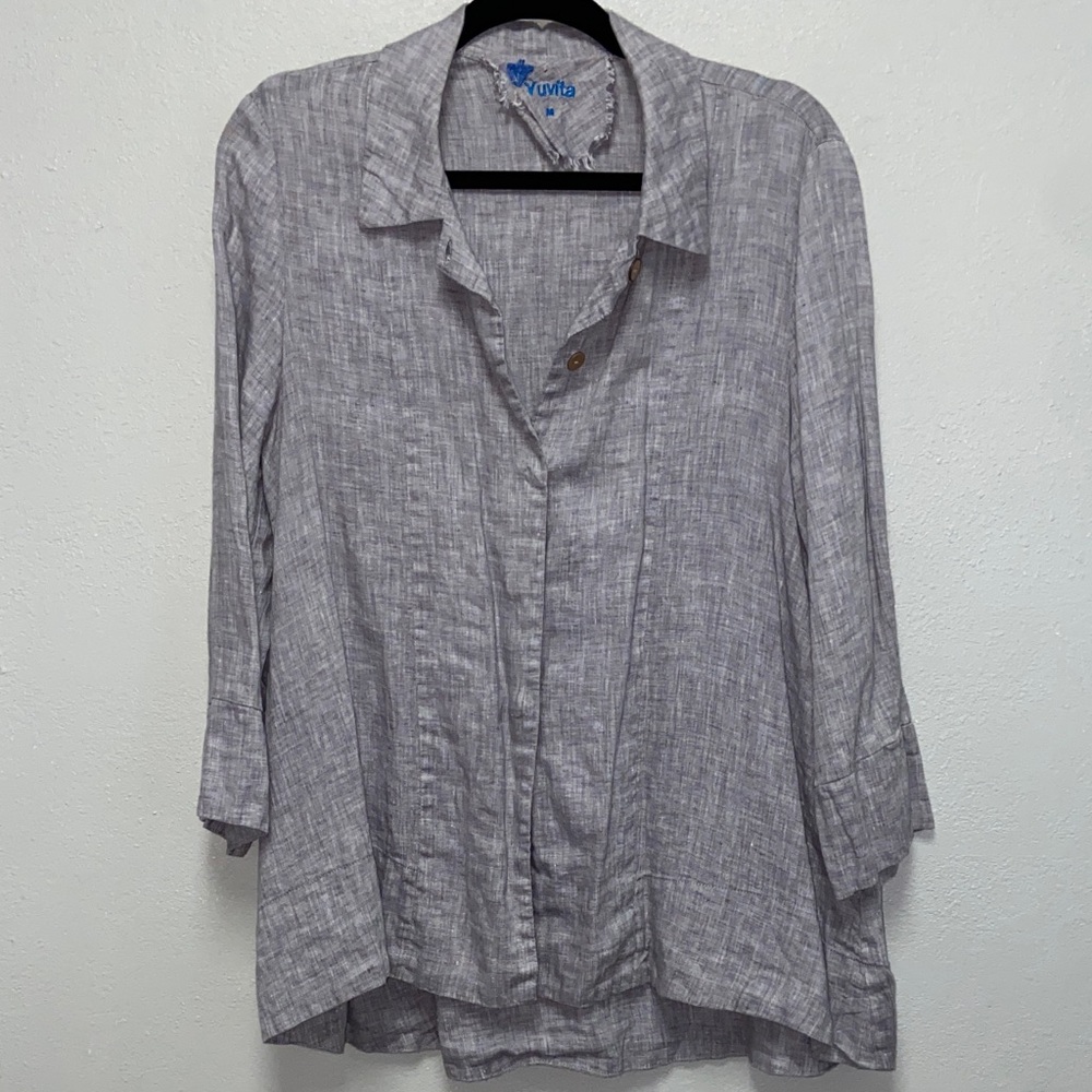 Yuvita Gray 100% Linen 3/4 Sleeve Lagenlook Hidden Wooden Button Down Shirt 3660